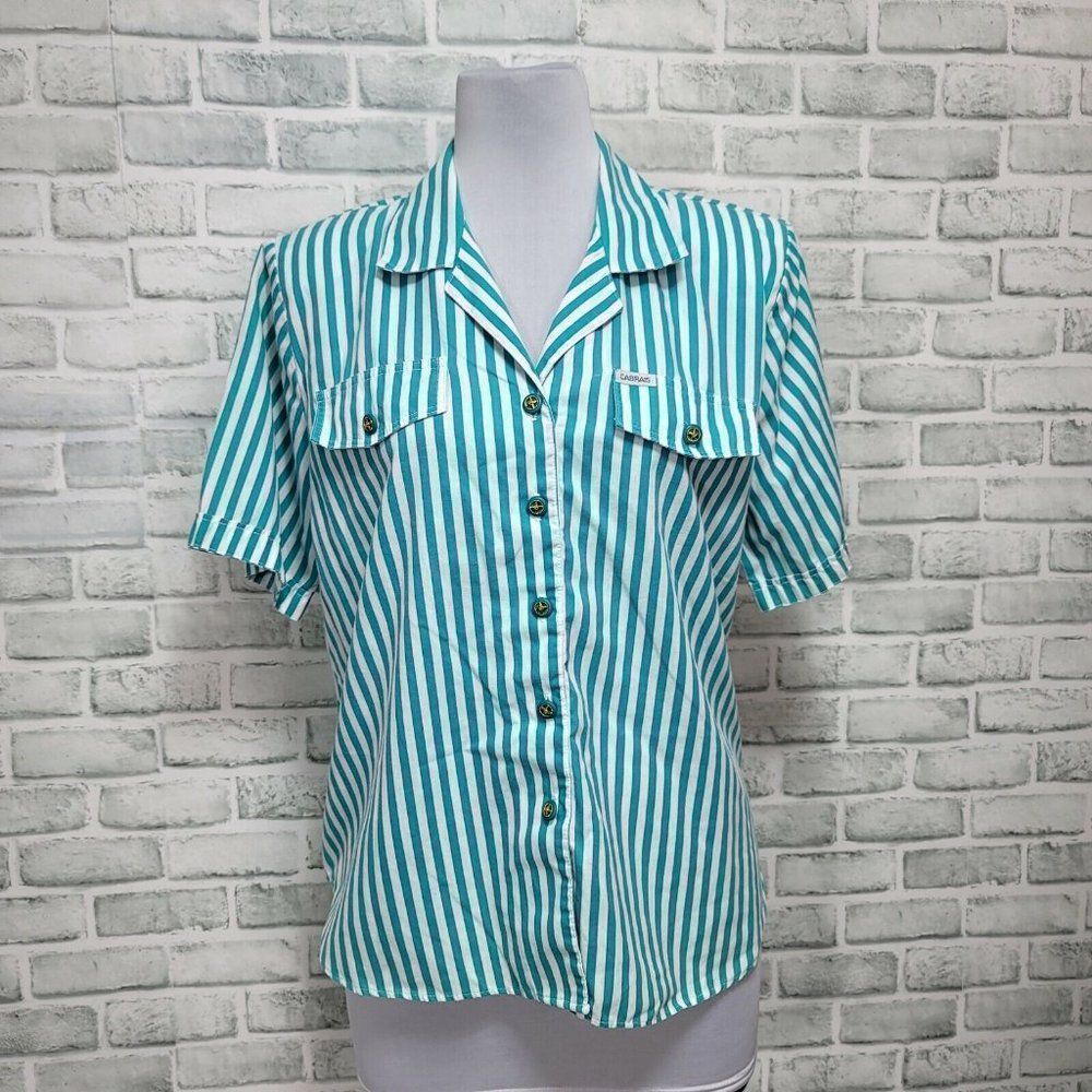 Vintage 80s 90s Cabrais M Green White Striped Short Sleeve Button Frontβ Shirt